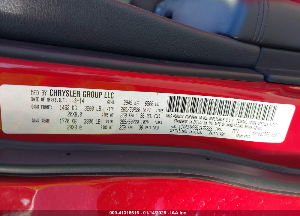 2014 DODGE DURANGO SXT VIN: 1C4RDHAG9EC476825