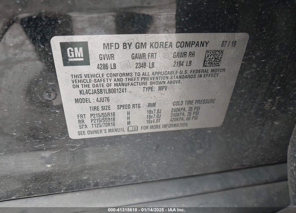2020 BUICK ENCORE FWD PREFERRED VIN: KL4CJASB1LB001241