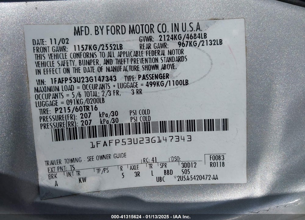 2003 FORD TAURUS SE VIN: 1FAFP53U23G147343