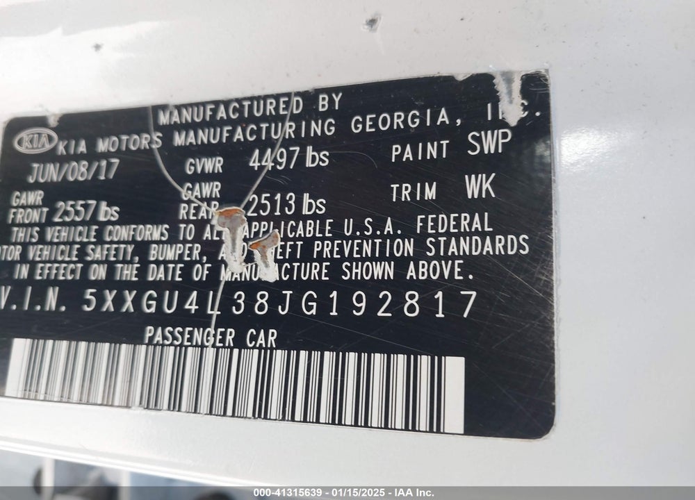 2018 KIA OPTIMA VIN: 5XXGU4L38JG192817