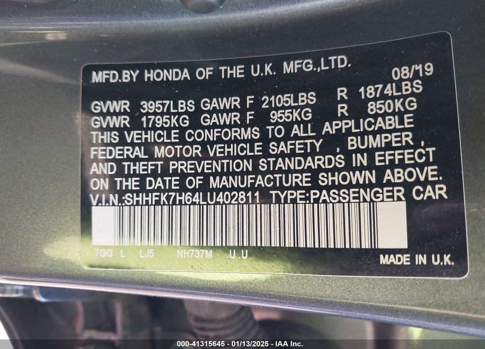 2020 HONDA CIVIC VIN: SHHFK7H64LU402811
