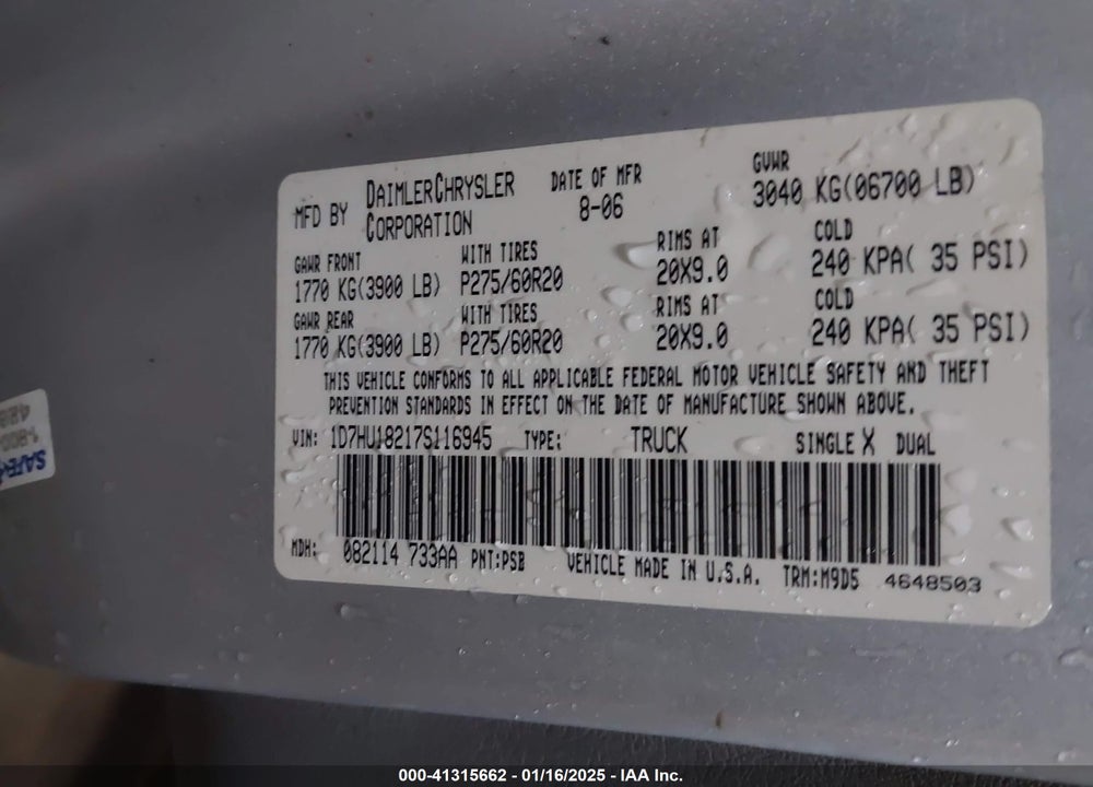 2007 DODGE RAM 1500 VIN: 1D7HU18217S116945