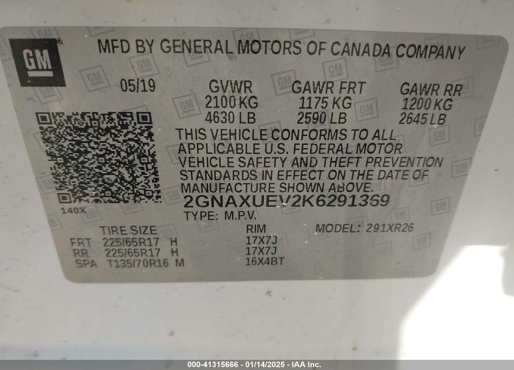 2019 CHEVROLET EQUINOX LT VIN: 2GNAXUEV2K6291369