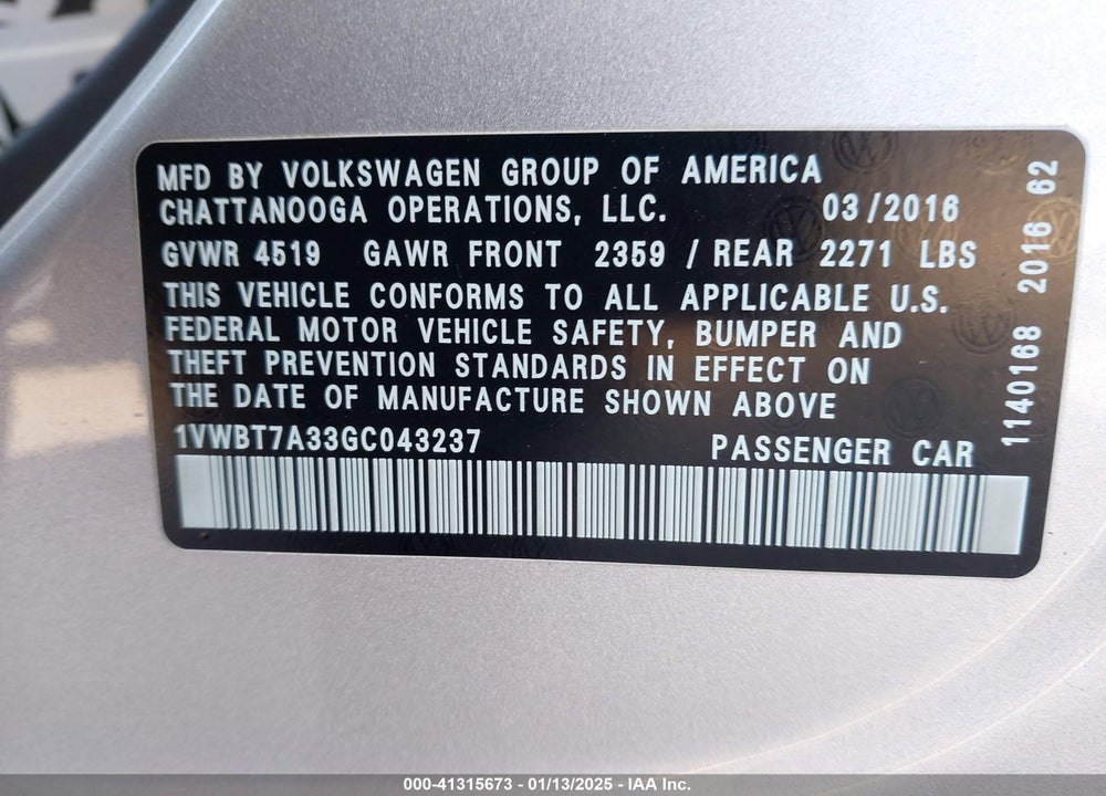 2016 VOLKSWAGEN PASSAT VIN: 1VWBT7A33GC043237