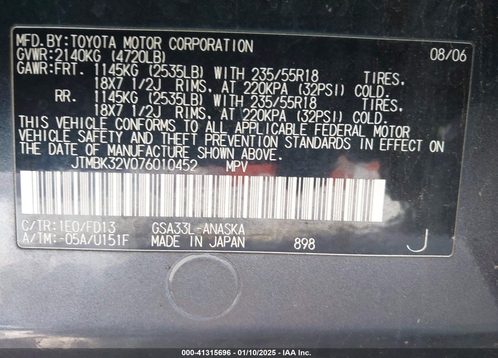 2007 TOYOTA RAV4 SPORT V6 VIN: JTMBK32V076010452