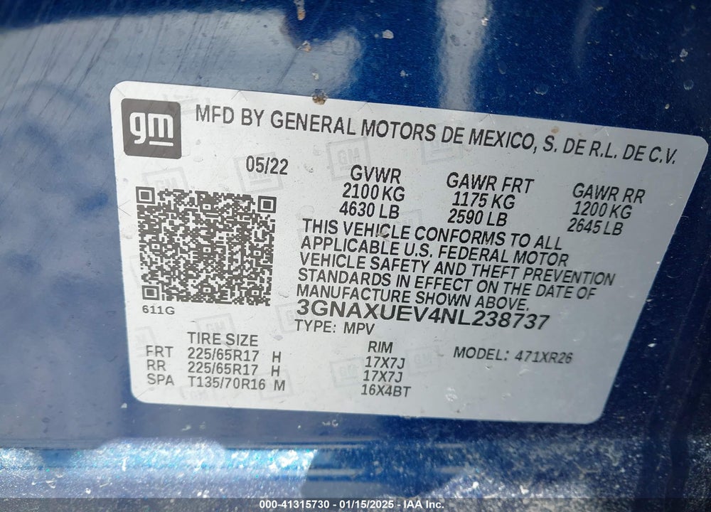 2022 CHEVROLET EQUINOX AWD LT VIN: 3GNAXUEV4NL238737