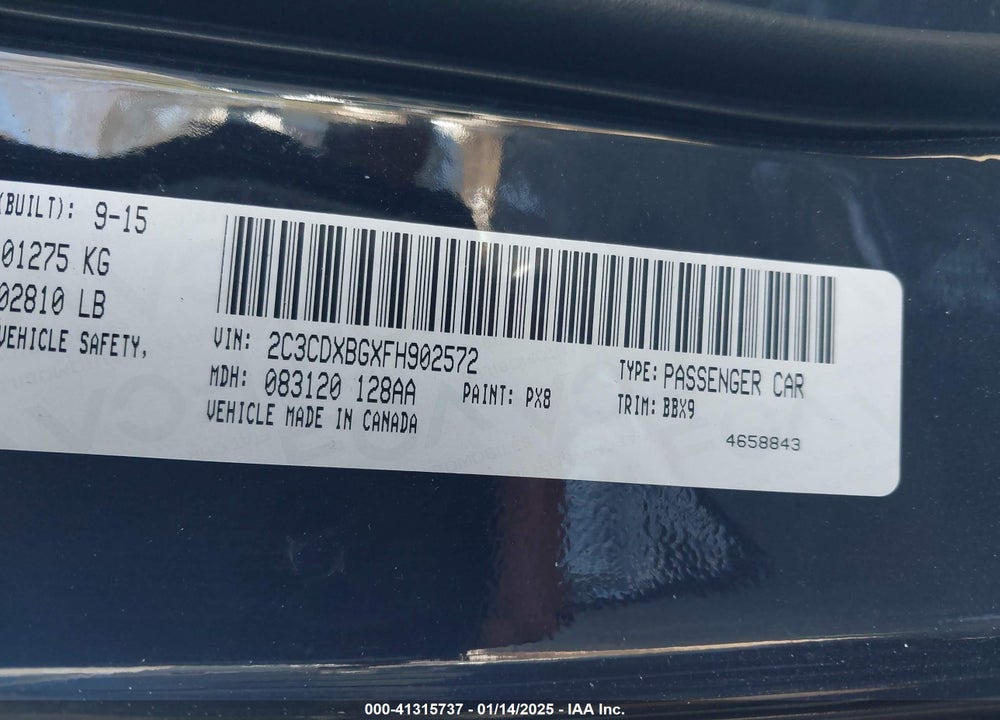 2015 DODGE CHARGER SE VIN: 2C3CDXBGXFH902572