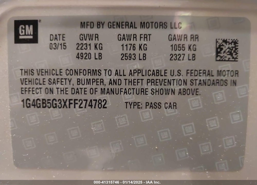 2015 BUICK LACROSSE VIN: 1G4GB5G3XFF274782