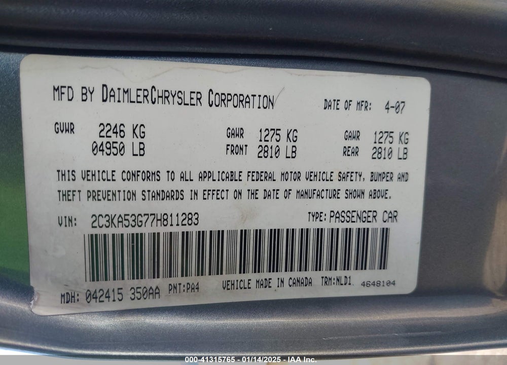 2007 CHRYSLER 300 TOURING VIN: 2C3KA53G77H811283