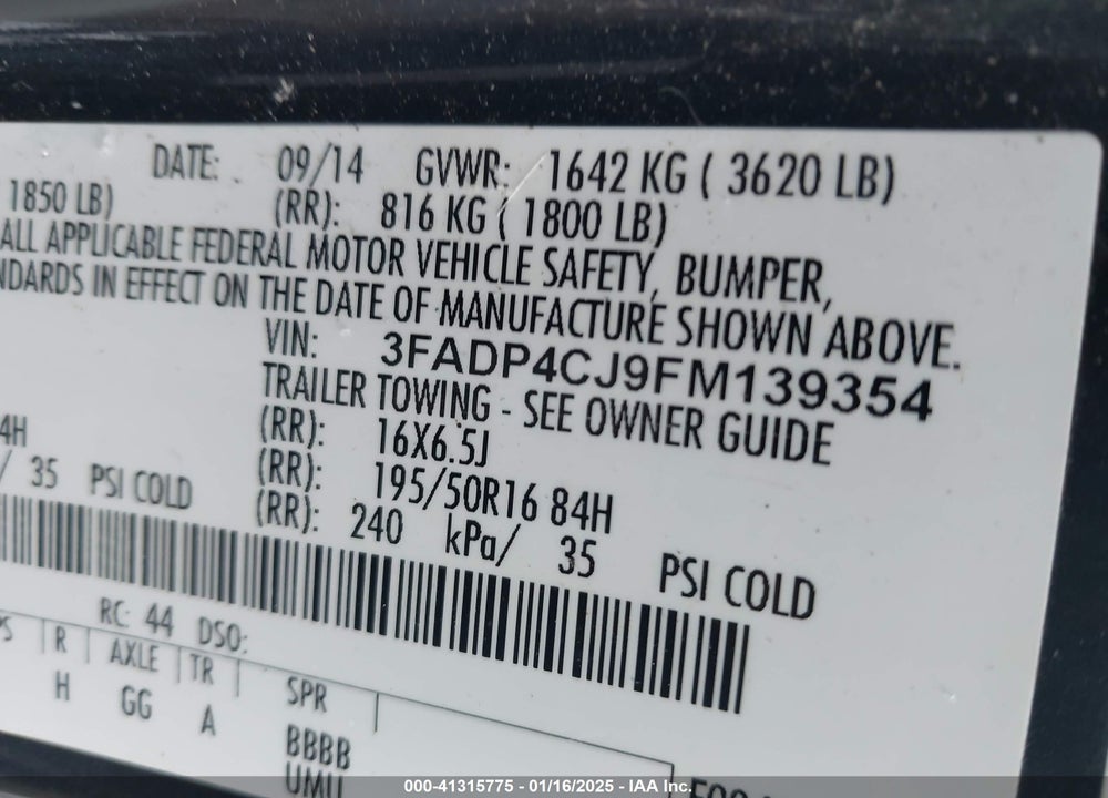 2015 FORD FIESTA VIN: 3FADP4CJ9FM139354