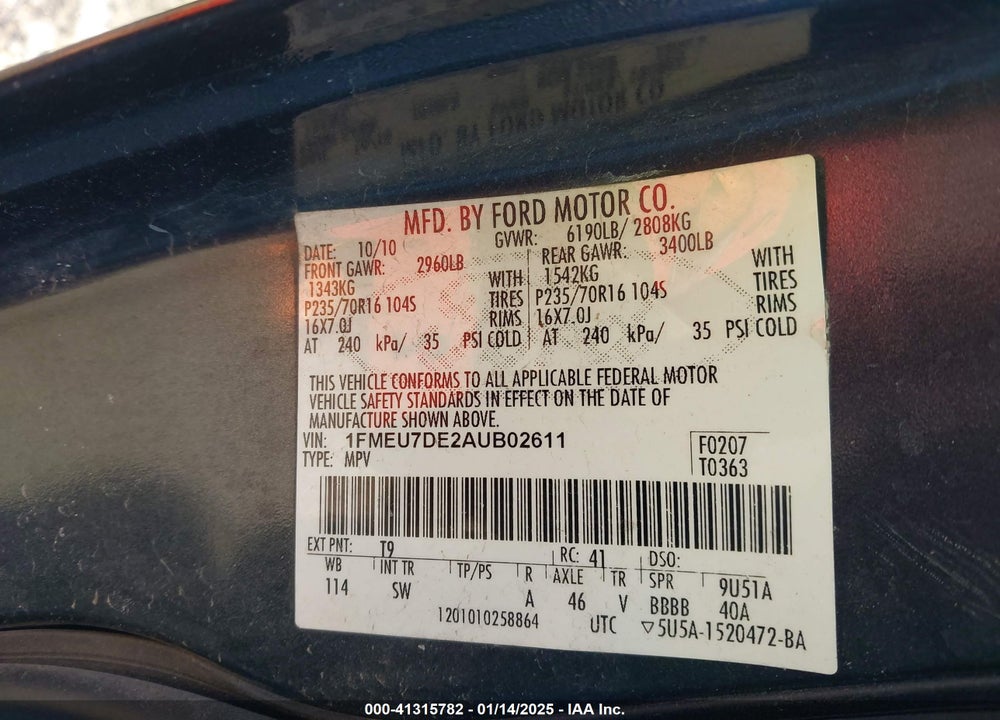 2010 FORD EXPLORER XLT VIN: 1FMEU7DE2AUB02611