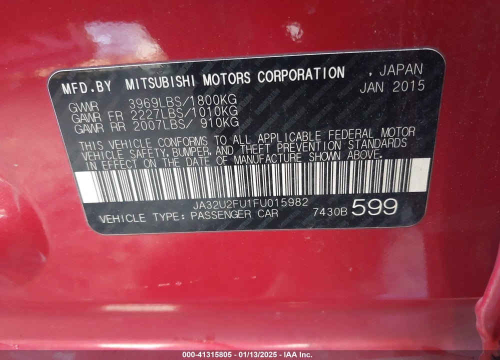 2015 MITSUBISHI LANCER ES VIN: JA32U2FU1FU015982