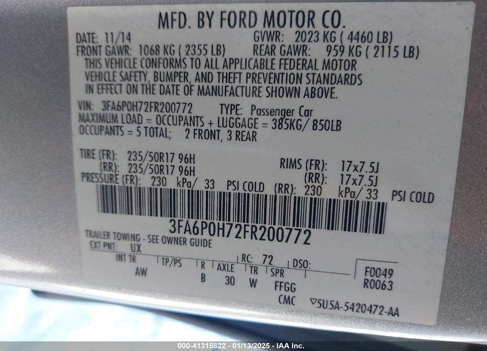 2015 FORD FUSION VIN: 3FA6P0H72FR200772