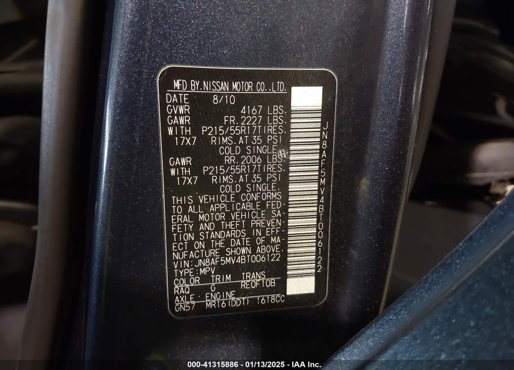 2011 NISSAN JUKE SV VIN: JN8AF5MV4BT006122