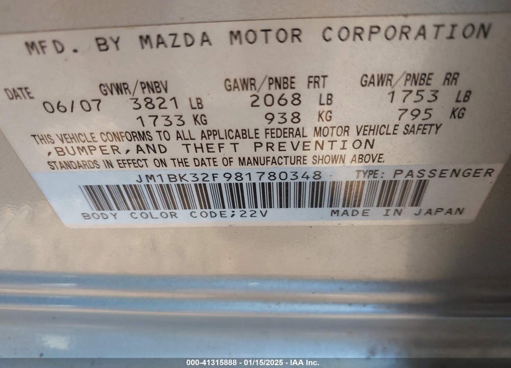 2008 MAZDA 3 VIN: JM1BK32F981780348