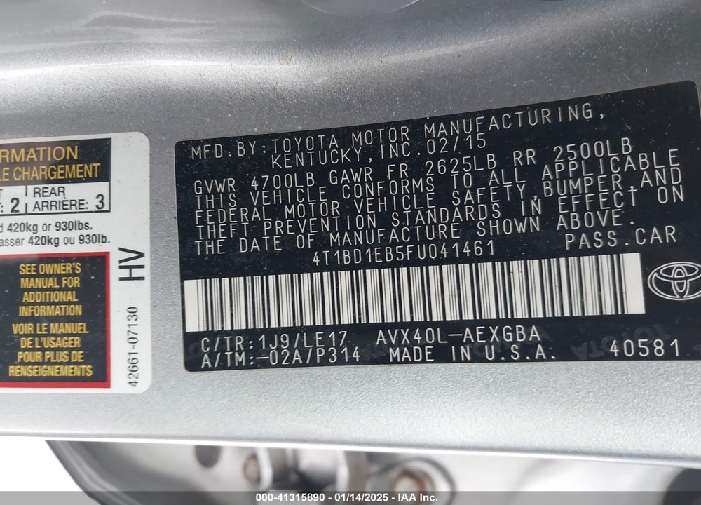 2015 TOYOTA AVALON HYBRID VIN: 4T1BD1EB5FU041461