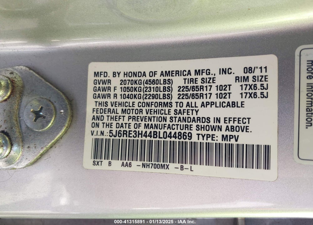 2011 HONDA CR-V SE VIN: 5J6RE3H44BL044869
