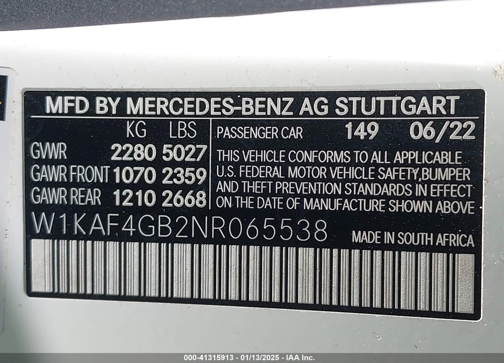 2022 MERCEDES-BENZ C 300 SEDAN VIN: W1KAF4GB2NR065538
