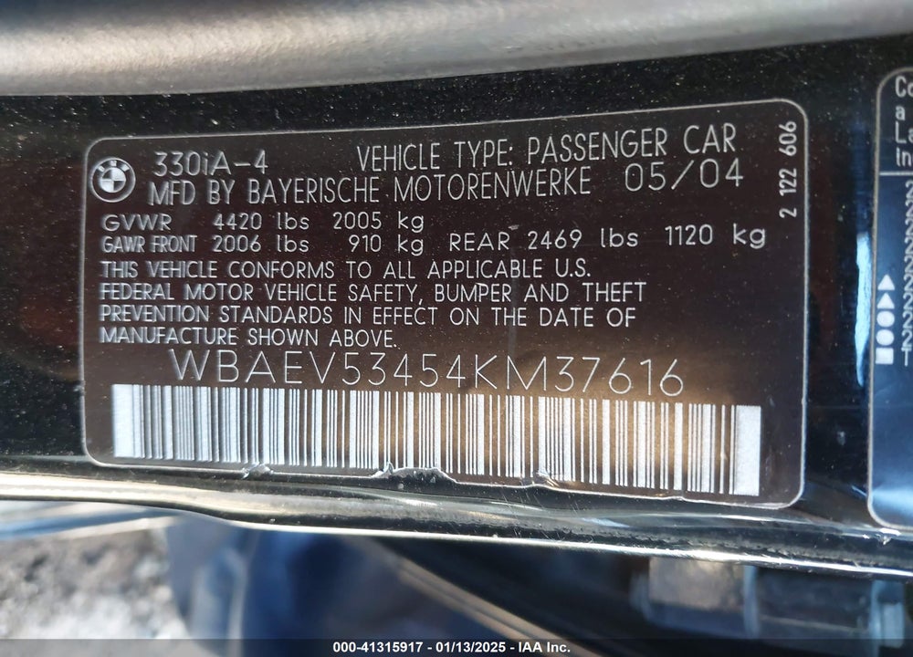 2004 BMW 330I VIN: WBAEV53454KM37616