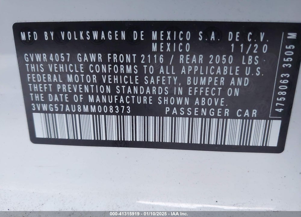 2021 VOLKSWAGEN GOLF 1.4T TSI VIN: 3VWG57AU8MM008373