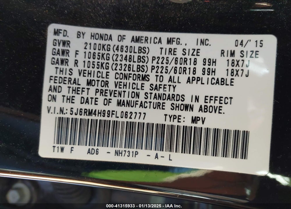 2015 HONDA CR-V TOURING VIN: 5J6RM4H99FL062777