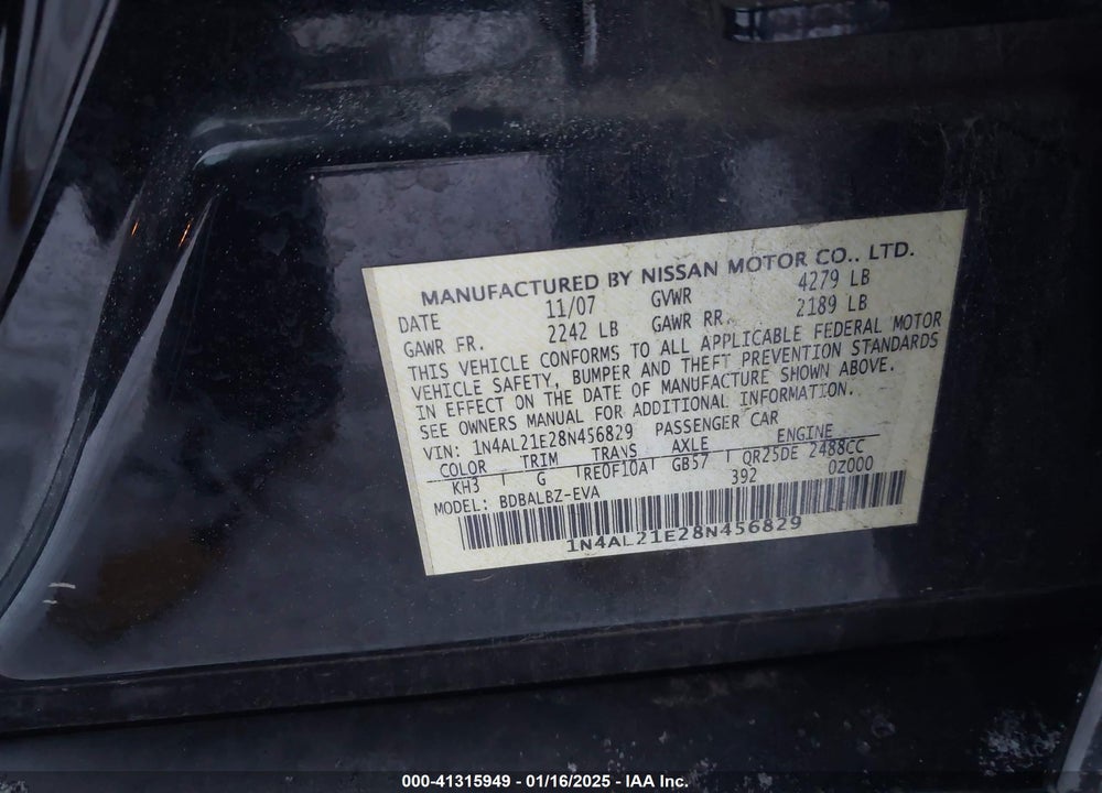 2008 NISSAN ALTIMA VIN: 1N4AL21E28N456829