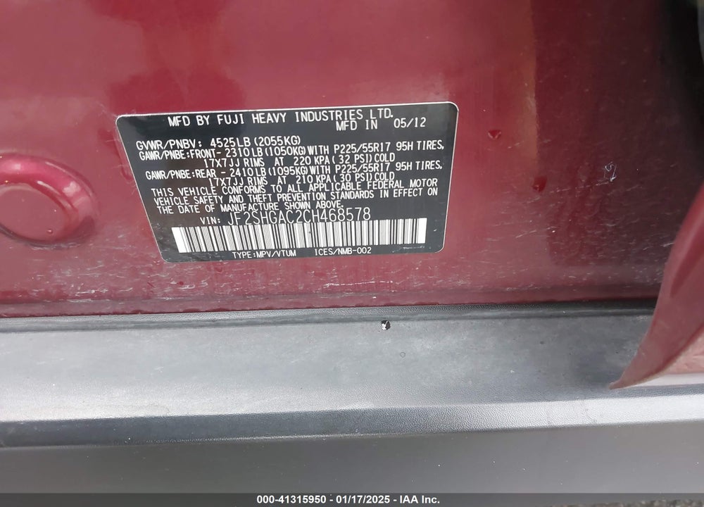 2012 SUBARU FORESTER VIN: JF2SHGAC2CH468578