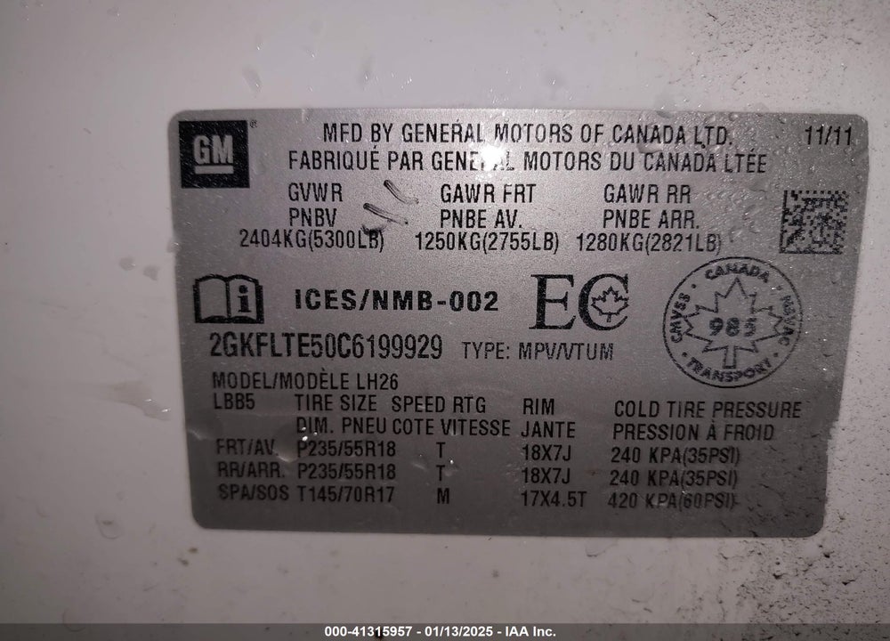 2012 GMC TERRAIN SLE-2 VIN: 2GKFLTE50C6199929
