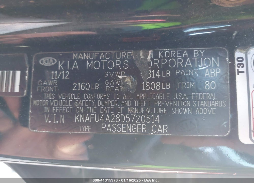 2013 KIA FORTE VIN: KNAFU4A28D5720514