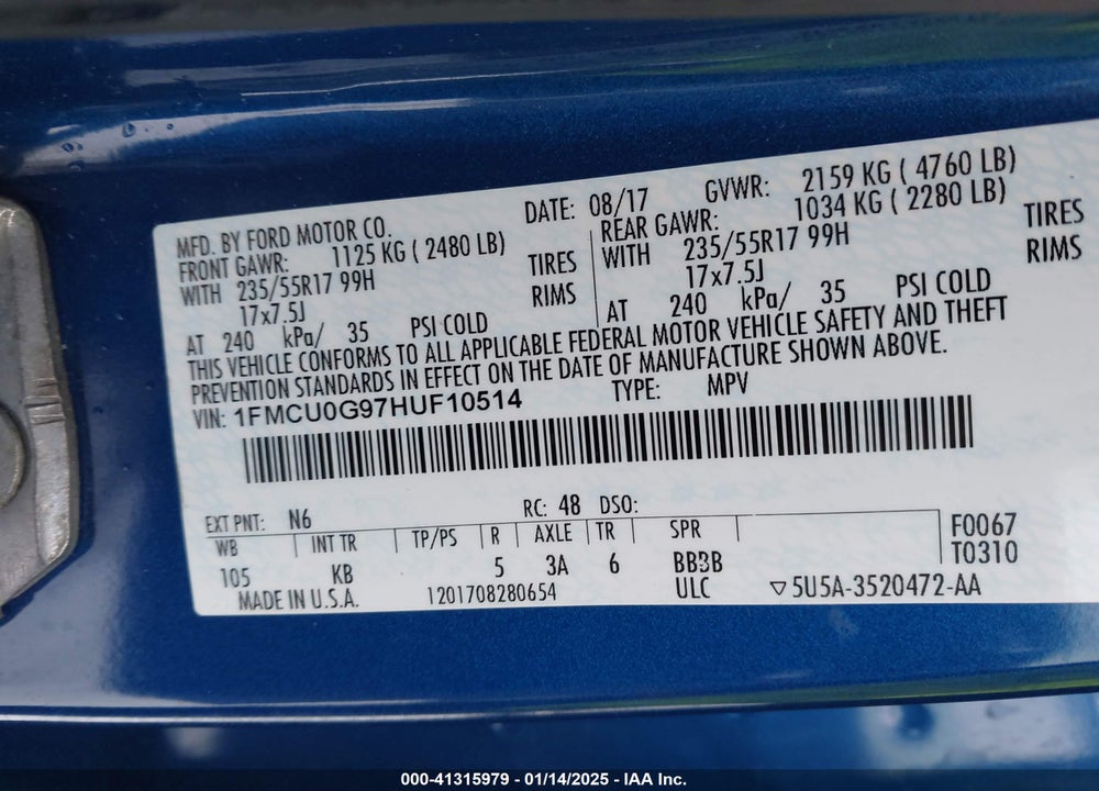 2017 FORD ESCAPE SE VIN: 1FMCU0G97HUF10514