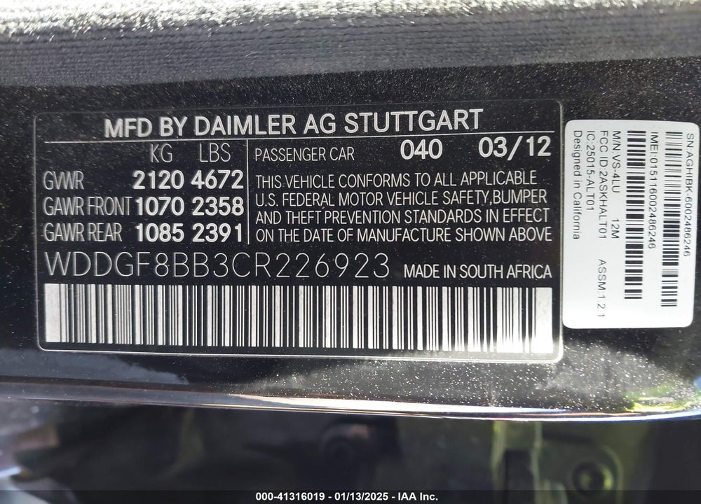2012 MERCEDES-BENZ C 300 VIN: WDDGF8BB3CR226923