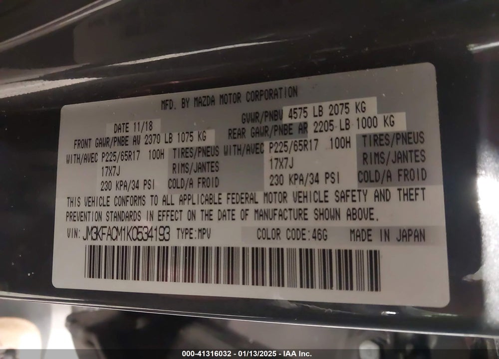 2019 MAZDA CX-5 TOURING VIN: JM3KFACM1K0534193