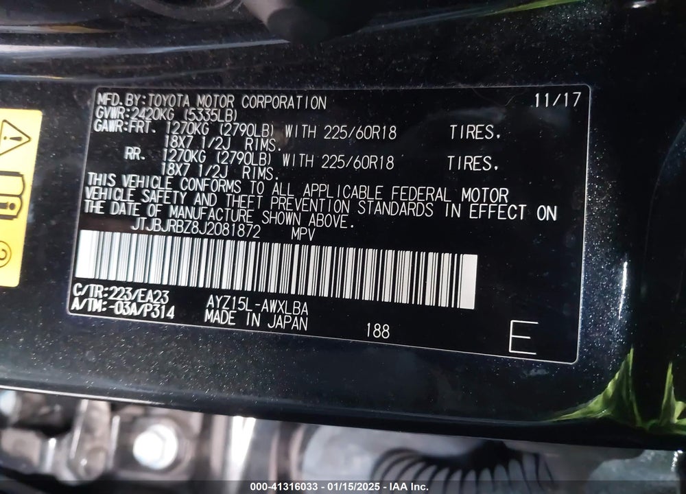 2018 LEXUS NX 300H VIN: JTJBJRBZ8J2081872
