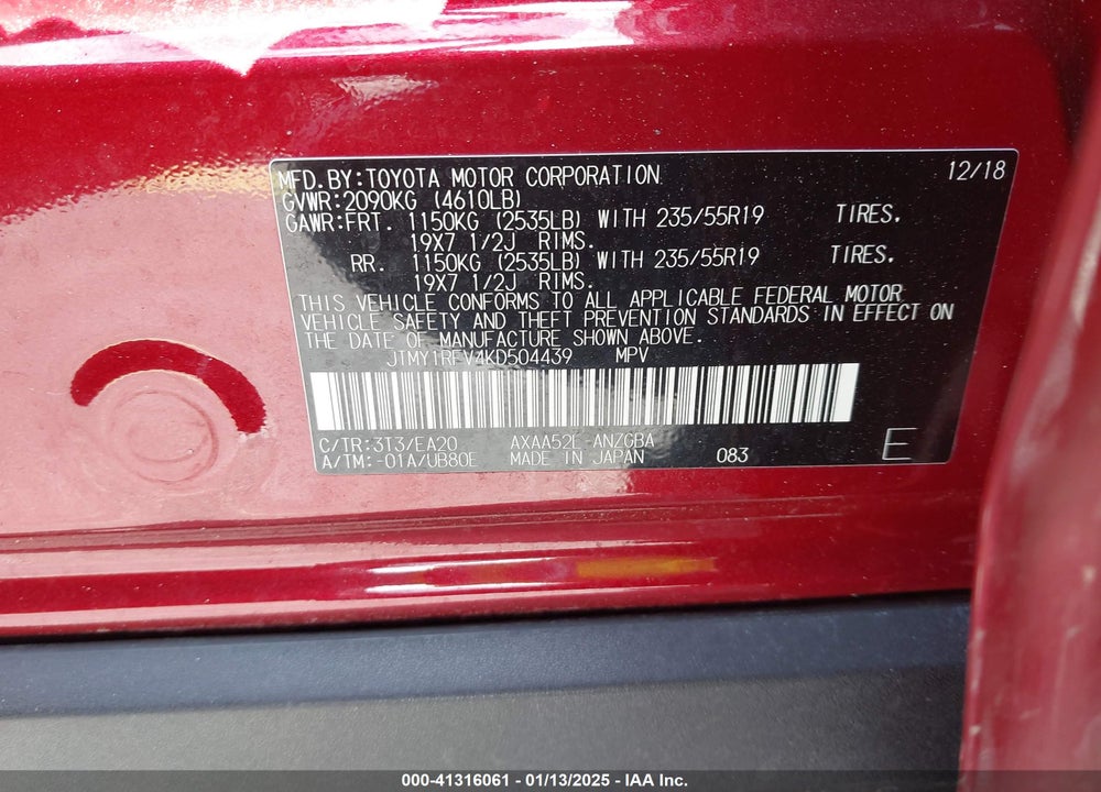 2019 TOYOTA RAV4 LIMITED VIN: JTMY1RFV4KD504439
