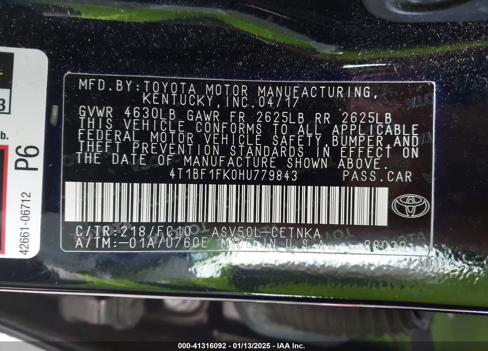 2017 TOYOTA CAMRY VIN: 4T1BF1FK0HU779843
