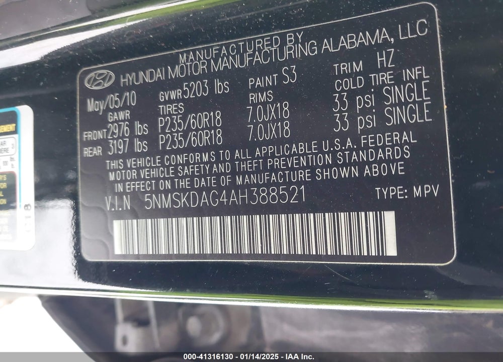 2010 HYUNDAI SANTA FE LIMITED V6 VIN: 5NMSKDAG4AH388521