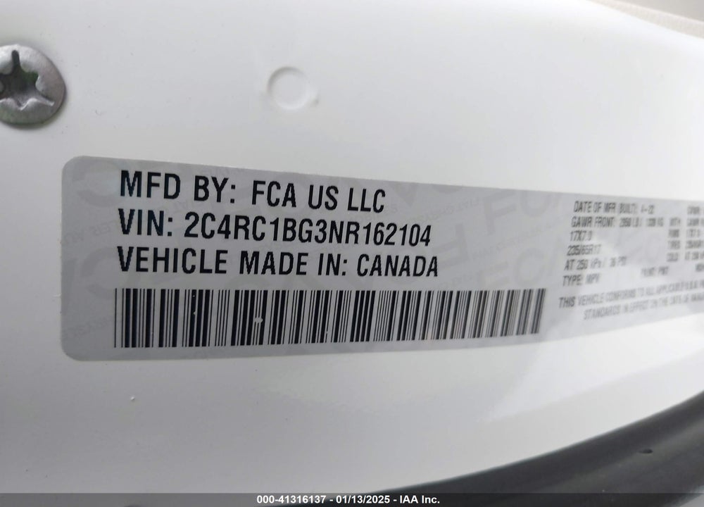 2022 CHRYSLER PACIFICA TOURING L VIN: 2C4RC1BG3NR162104