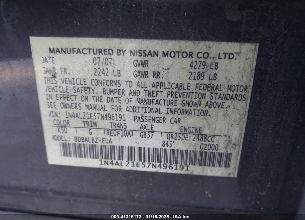 2007 NISSAN ALTIMA VIN: 1N4AL21E57N496191