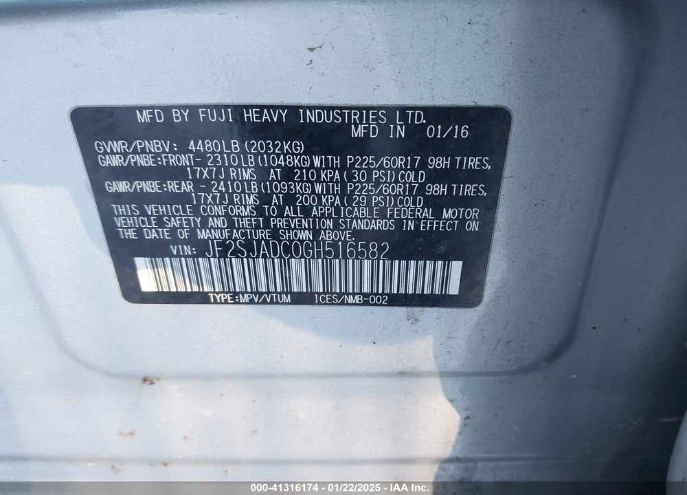 2016 SUBARU FORESTER 2.5I PREMIUM VIN: JF2SJADC0GH516582