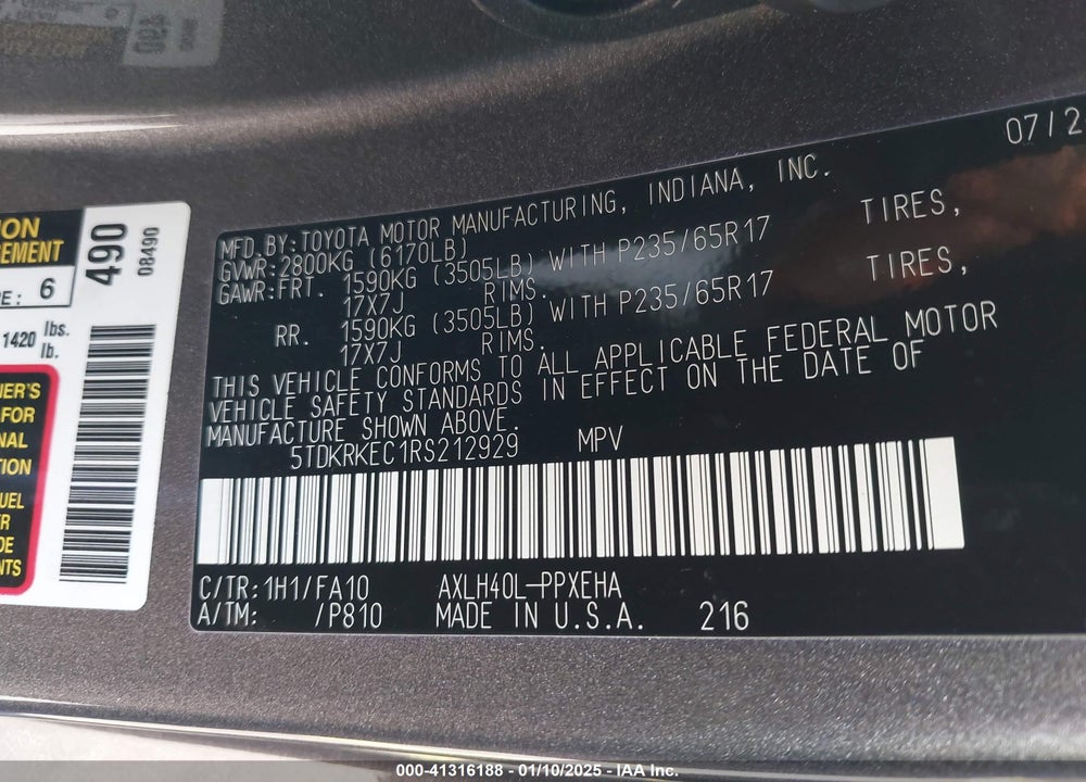 2024 TOYOTA SIENNA LE VIN: 5TDKRKEC1RS212929
