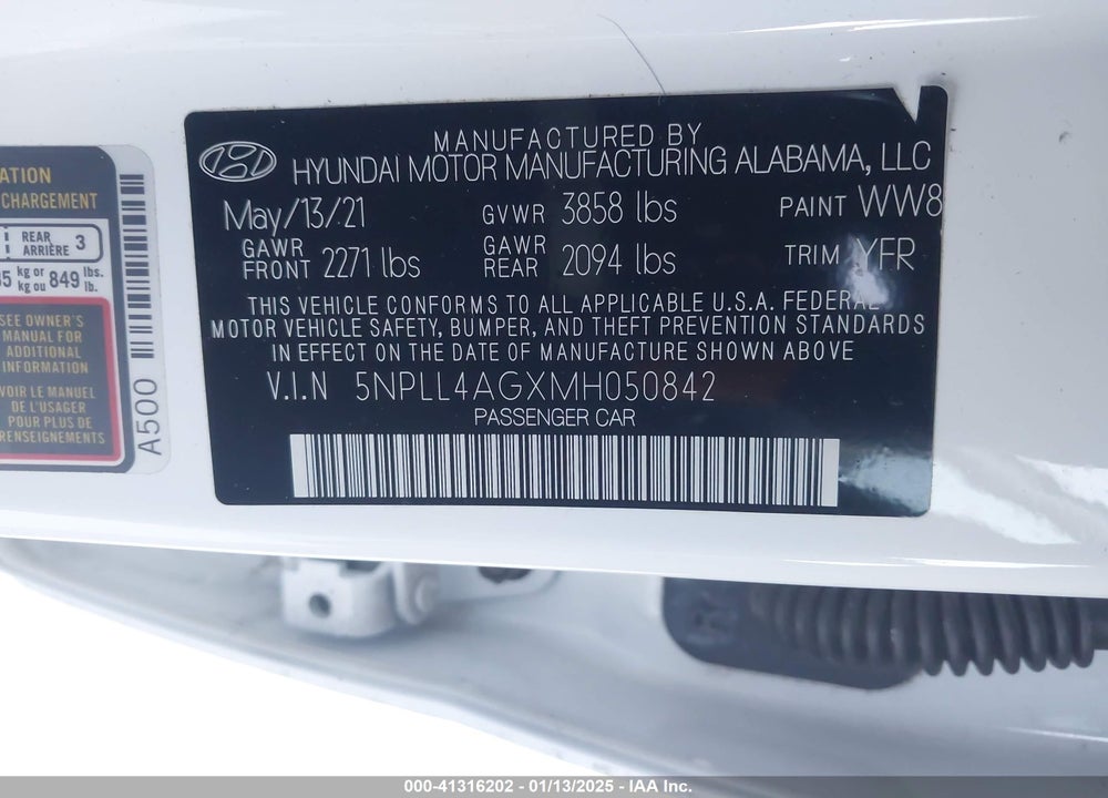 2021 HYUNDAI ELANTRA VIN: 5NPLL4AGXMH050842