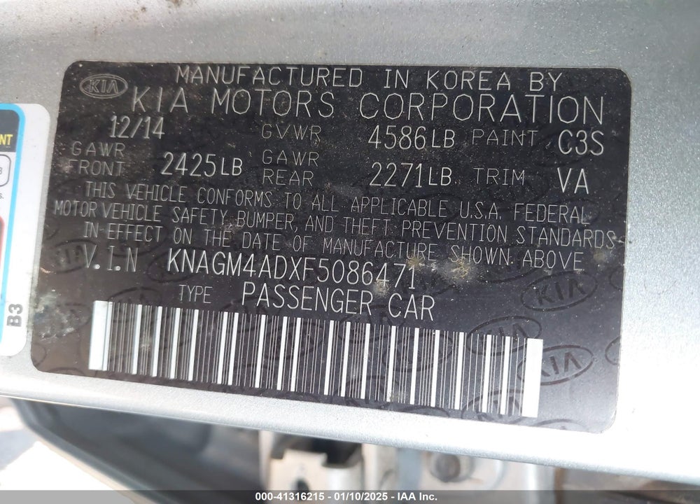 2015 KIA OPTIMA HYBRID VIN: KNAGM4ADXF5086471