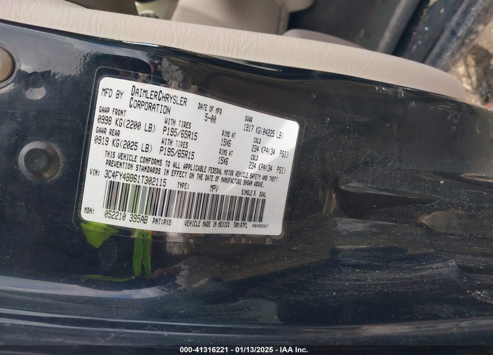 2001 CHRYSLER PT CRUISER VIN: 3C4FY4BB61T302115