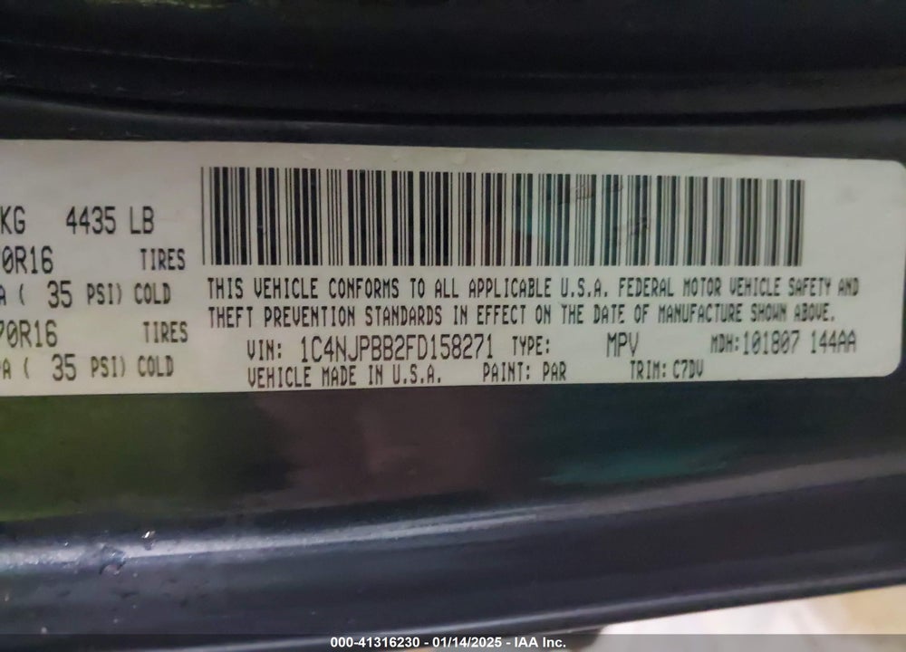 2015 JEEP PATRIOT SPORT VIN: 1C4NJPBB2FD158271