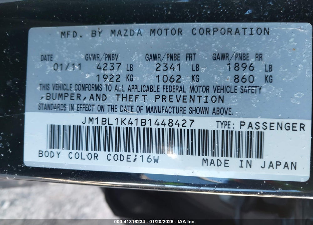 2011 MAZDA MAZDASPEED3 VIN: JM1BL1K41B1448427