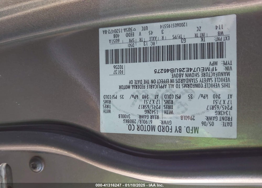 2006 FORD EXPLORER VIN: 1FMEU74E26UB46275