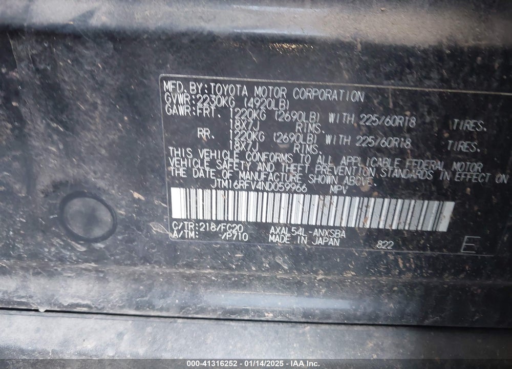 2022 TOYOTA RAV4 VIN: JTM16RFV4ND059966