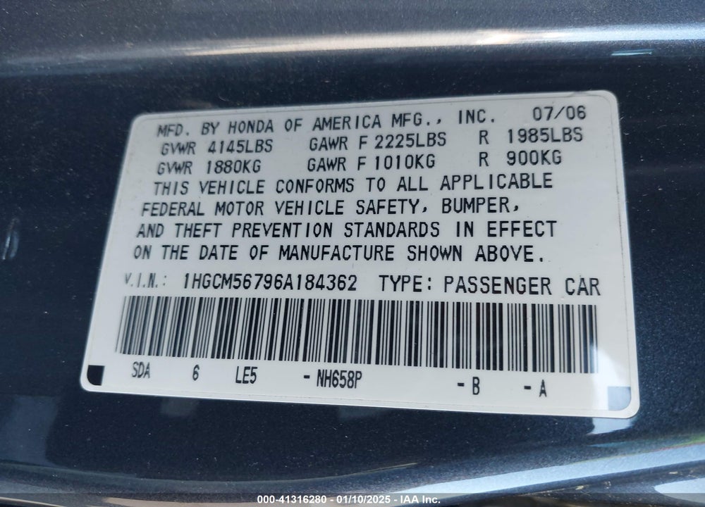 2006 HONDA ACCORD 2.4 EX VIN: 1HGCM56796A184362