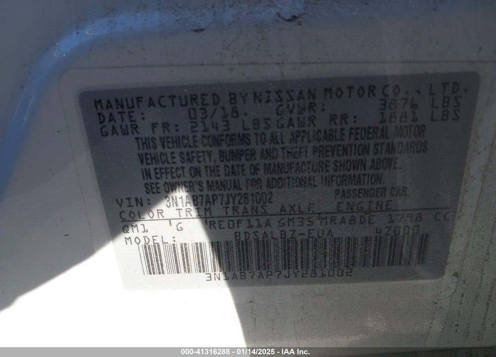 2018 NISSAN SENTRA VIN: 3N1AB7AP7JY281002