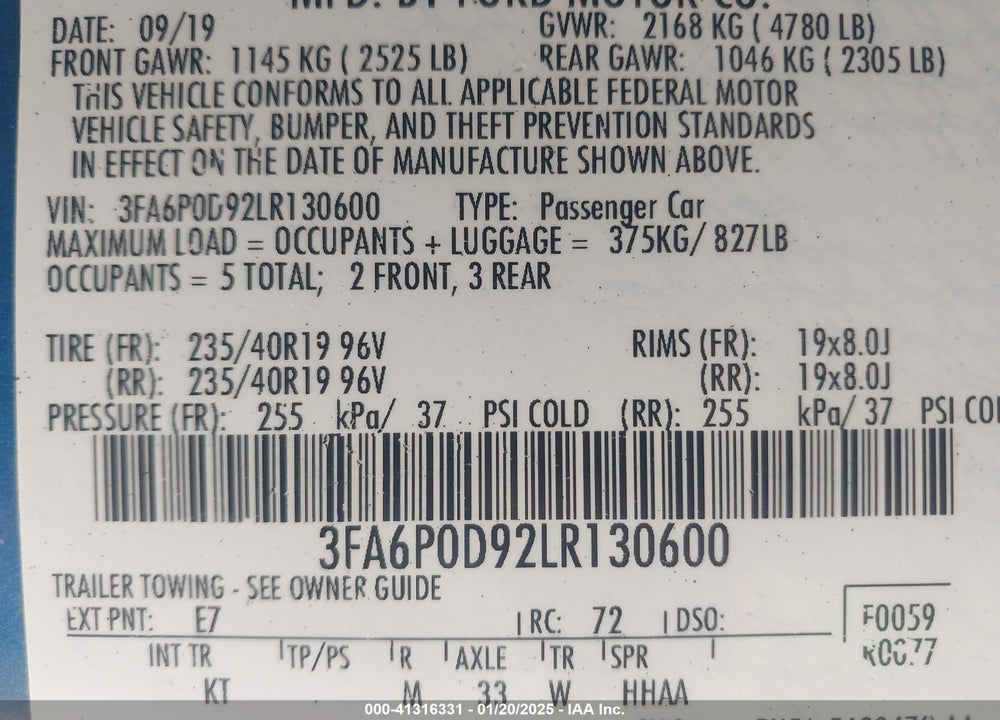 2020 FORD FUSION TITANIUM VIN: 3FA6P0D92LR130600
